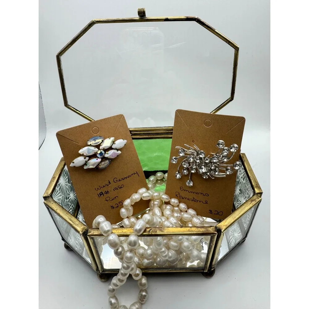 1980's Octagonal Glass Jewelry Box with brass tone frame Etched